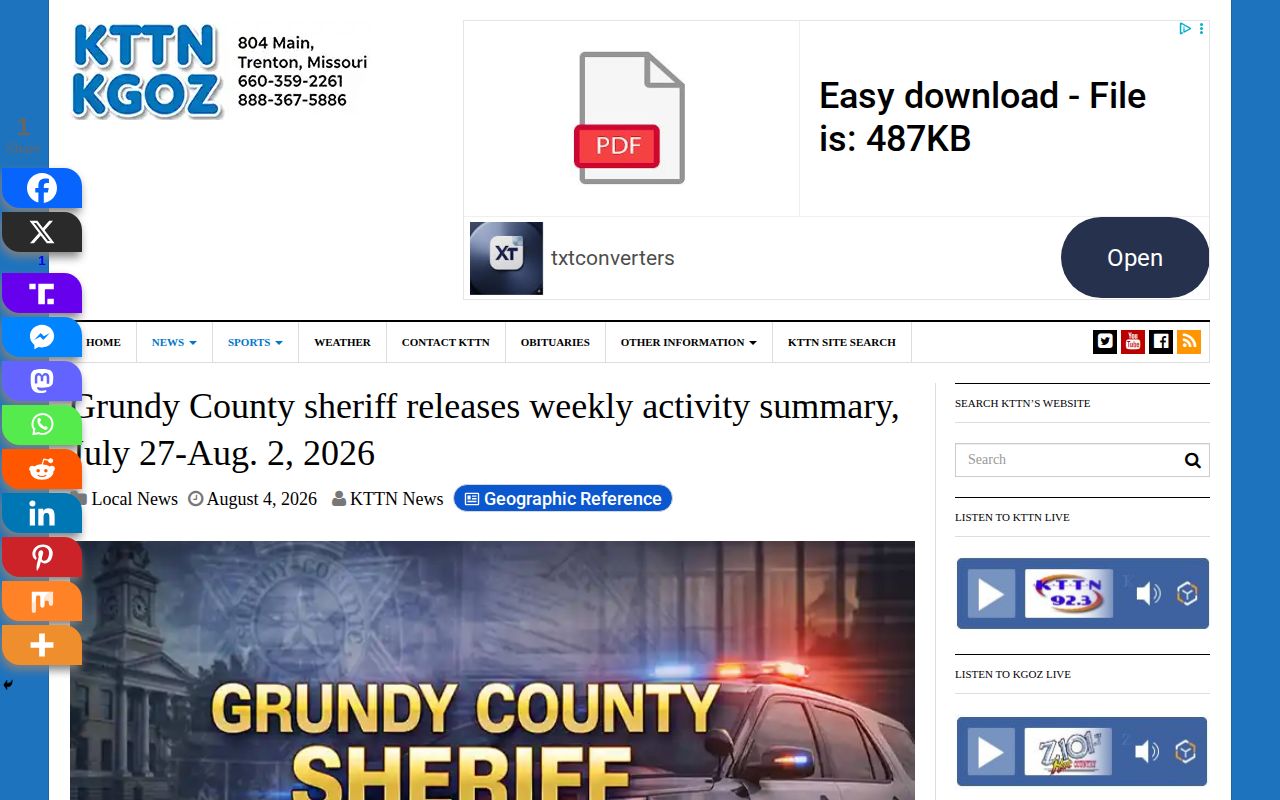 KTTN weekly Grundy County Sheriff activity report used as Galt context